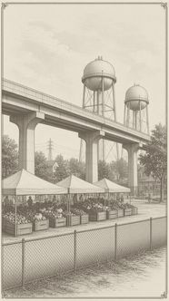 Market tents and crates of produce beside an elevated concrete rail line, with two round water towers rising behind. Hatch illustration.