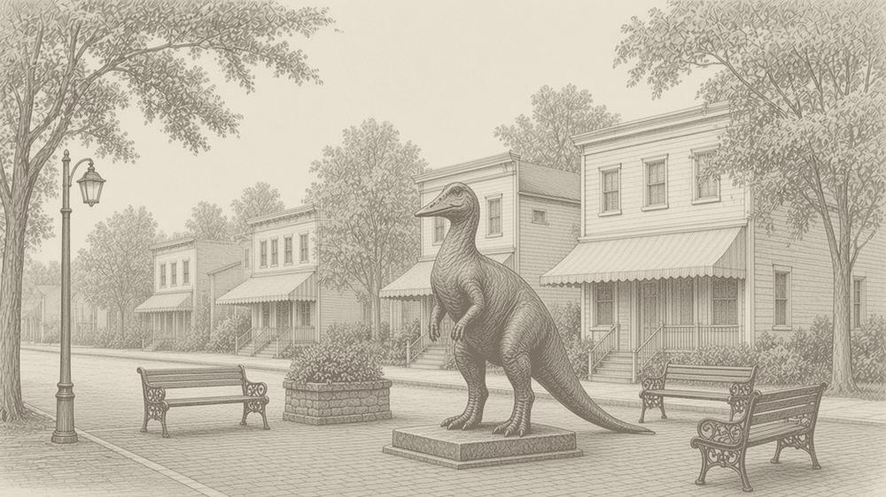 A dinosaur statue on a low pedestal in a brick plaza, with benches, a lamppost and storefronts behind. Hatch illustration.