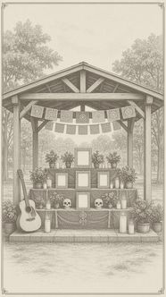An ofrenda under a wooden park pavilion, with papel picado strung overhead, blank photo frames, flowers, candles, sugar skulls and a guitar. Hatch illustration.