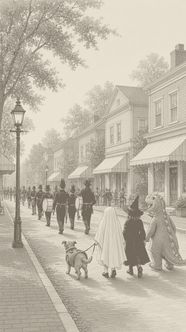 Costumed kids, including a ghost, a witch and a dinosaur, walk a leashed dog down a tree-lined main street of brick sidewalks and storefronts in daylight, with