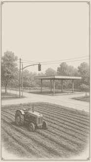 A small tractor works a freshly tilled field at a suburban intersection with a traffic light, and an empty canopy stands across the road. Hatch illustration.