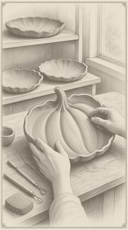 Hands shape a clay pumpkin platter on a studio table, with clay tools and a sponge nearby and finished platters on the shelves. Hatch illustration.