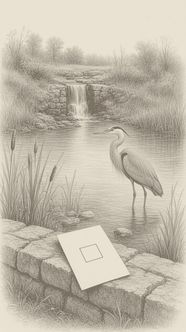 A heron stands in a pond below a small waterfall, with cattails at the edge and a folded paper with a blank checkbox resting on a fieldstone wall. Hatch illustr