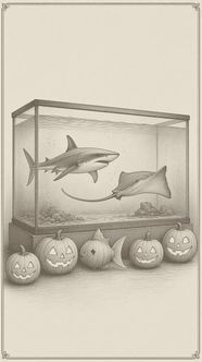 A shark and a ray swim in an aquarium tank, with carved jack-o'-lanterns and a fish-shaped pumpkin lined up on the floor in front of it. Hatch illustration.