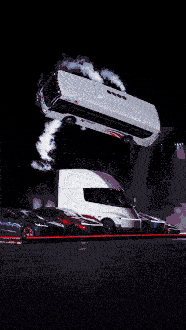 An edited photo of a white NJ Transit bus airborne with smoke trailing, jumping over a white truck and a row of cars