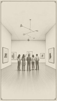 Five visitors, seen from behind, stand in a white-walled gallery looking at framed works under a hanging mobile. Hatch illustration.