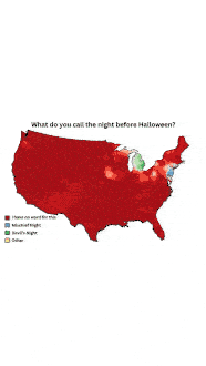 A US map titled What do you call the night before Halloween?, almost all red for I have no word for this, with Michigan green for Devil's Night and a small blue