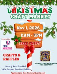 Christmas Craft Market flyer with a wooden signpost: Nov 1, 2026, 11AM to 3PM, free entry, Nancy Run Fire Hall