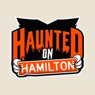 Haunted on Hamilton theme-night logo in dripping orange letters, with claws gripping a Hamilton street sign