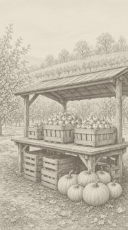 A farm market stand with crates of apples and pumpkins.