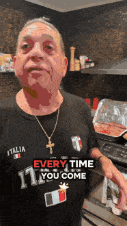 Uncle Frank in an ITALIA shirt talking about his Tupperware