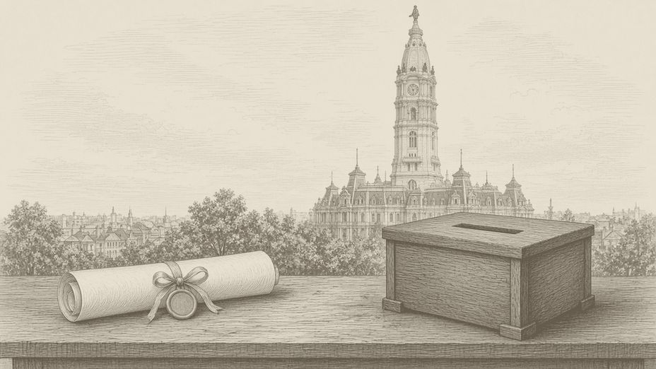 The City Hall tower, a rolled charter document and a wooden box on a table