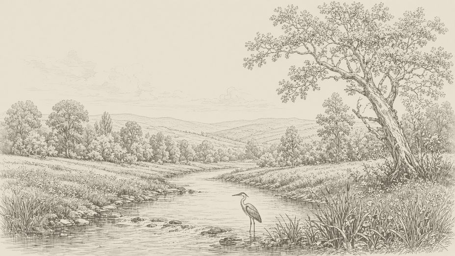 A creek running through a meadow with a tree line