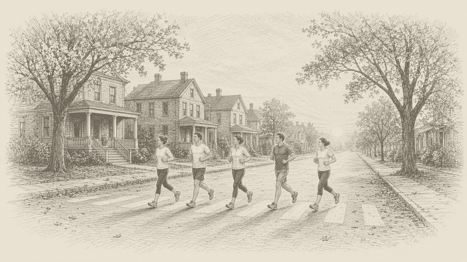 A pack of runners at a dawn suburban intersection with porch lights on