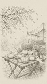 A pumpkin-painting table under a tent