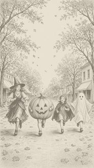 Costumed kids running down a Swarthmore street