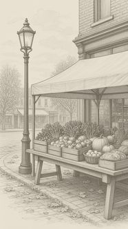 A corner market stand with produce crates