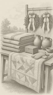 A craft table with quilts and wreaths