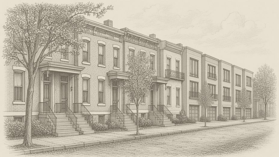 A Norristown rowhouse block with newer townhouses at the end of the street