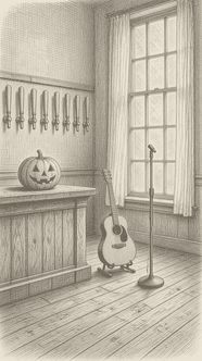Pencil hatch drawing of a taproom corner in daylight, with a row of tap handles on the wall, a carved jack-o'-lantern on the bar, and an acoustic guitar and a m