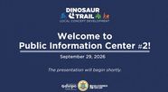 Dinosaur Trail title slide reading Welcome to Public Information Center #2, September 29, 2026, with the DVRPC and Gloucester County logos.