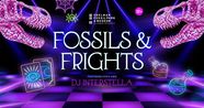 Event graphic for Fossils & Frights with glowing pink dinosaur skulls on a purple dance floor.