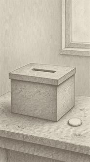 Pencil hatch drawing of a plain lidded box with a slot on a wooden table by a window, with a blank round sticker beside it.
