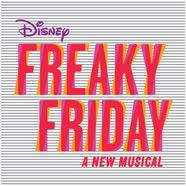 Show artwork reading Disney Freaky Friday, A New Musical, in pink and orange letters on a striped background.