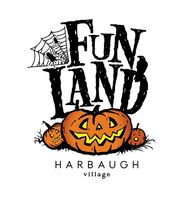 Fall Funland logo with a carved jack-o'-lantern under the words Fun Land, and Harbaugh Village below.