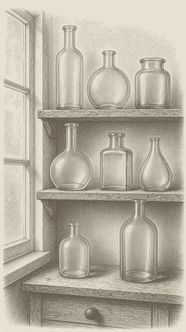 Pencil hatch drawing of clear antique bottles and jars in different shapes on three wooden shelves beside a window.