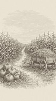 Pencil hatch drawing of a dirt path running between tall rows of corn, with a wooden hay wagon piled with hay on one side and a cluster of small pumpkins on the