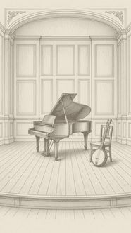 Pencil hatch drawing of an empty concert stage under an arched, paneled proscenium, with a grand piano, lid raised, and a banjo leaning on a wooden chair beside