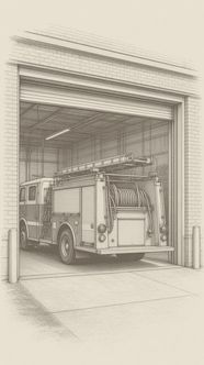A fire engine with a hose reel on its side sits in an open firehouse bay in daylight, with safety posts by the door. Hatch illustration.