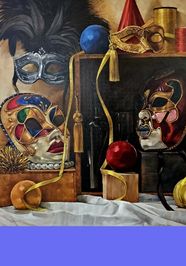 A painted still life of carnival masks, a tasseled cord and red and blue spheres on a draped table.