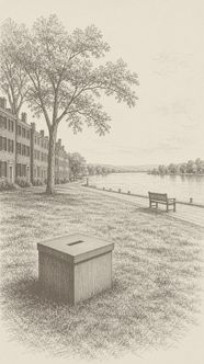 An unmarked wooden ballot box sits on the grass of a riverside green, with a bench, a big tree and a row of brick houses along the water. Hatch illustration.