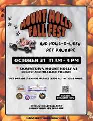 Event flyer for the Mount Holly Fall Fest and Howl-o-ween Pet Pawrade, Oct. 31, 11 a.m. to 4 p.m., downtown Mount Holly, with paw prints and pumpkins.