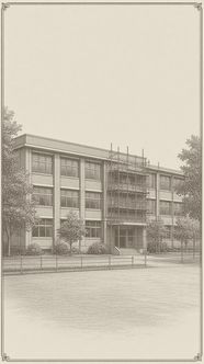 A three-story brick school building with scaffolding on one section, an empty paved schoolyard and a low fence in front. Hatch illustration.