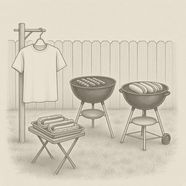 A pencil-hatch drawing of two kettle grills on a lawn by a wooden fence, hot dogs on one and buns on the other, a foil tray of hot dogs on a folding table, and