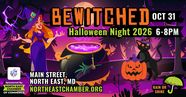 BEWITCHED! Halloween Night 2026 graphic with a witch, a cauldron and a black cat, Oct 31, 6-8pm, Main Street, North East, MD