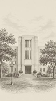 Illustration of a generic stone civic building on a tree-lined lawn