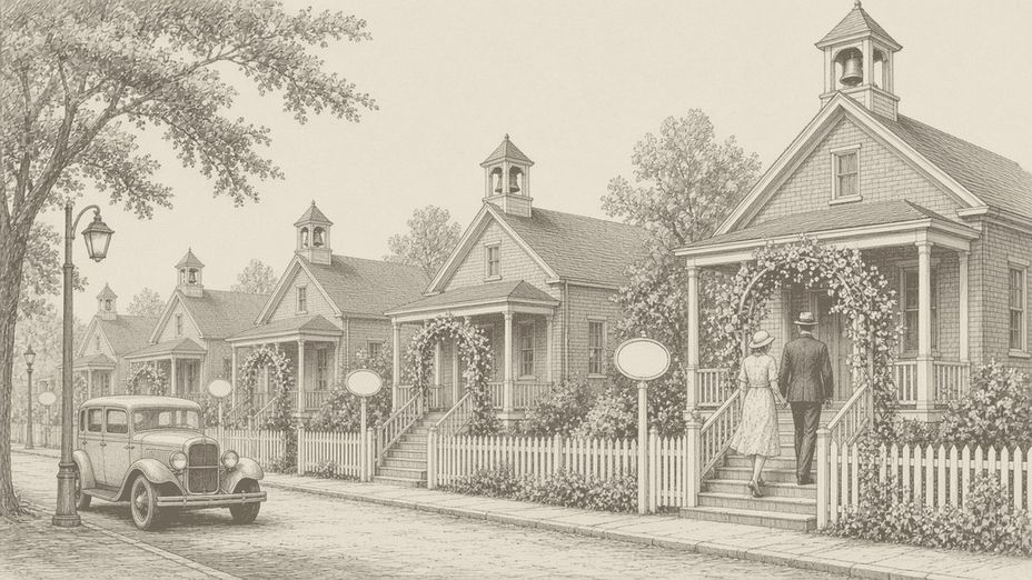 Illustration of a small-town street lined with little house-style wedding chapels with bell cupolas and flower arches, a couple walking up the steps of one and