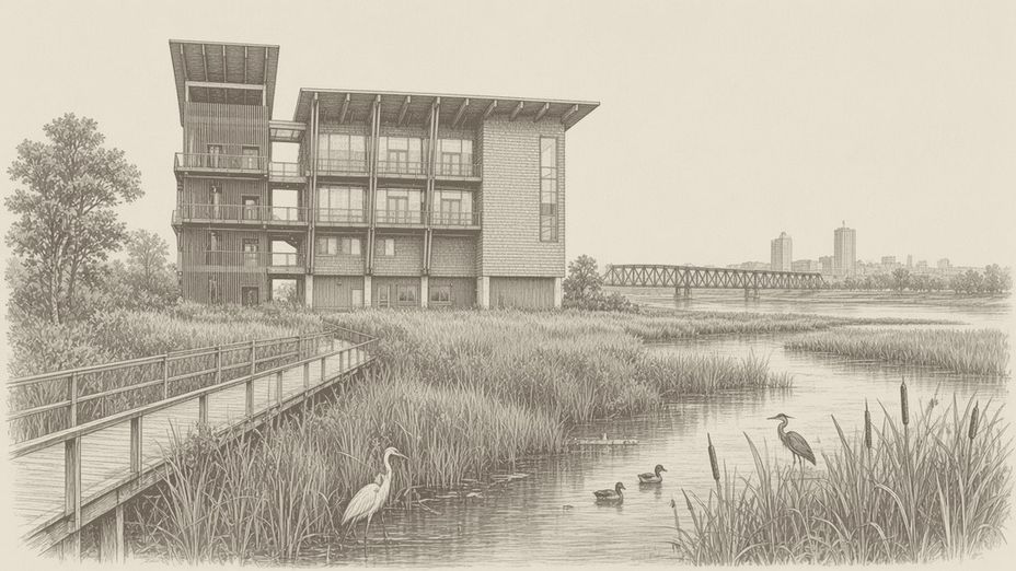Illustration of a wooden boardwalk crossing a cattail marsh, with herons and ducks in the water, a modern nature center building behind, and a truss bridge and