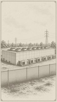 Illustration of a generic data center building with rooftop cooling units behind a chain-link fence, with power transmission towers beyond
