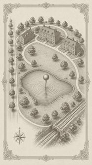 Illustration of a stylized campus map with dorm buildings beside a pond, a map pin over the pond, and a compass rose