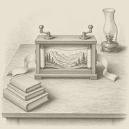 A wooden box theater with a paper scroll and two crank handles