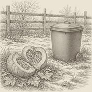 A cracked pumpkin beside a compost bin in autumn grass