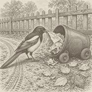 A magpie on a tipped-over bin