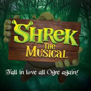 Shrek the Musical show artwork with a wooden sign