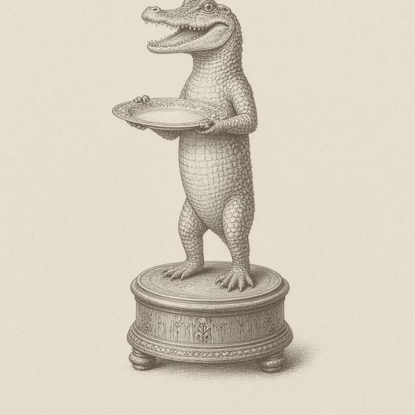 An alligator holding a calling-card tray, illustration