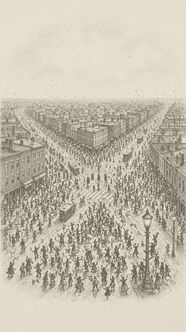 Engraving-style aerial view of a celebrating crowd at a wide avenue crossing